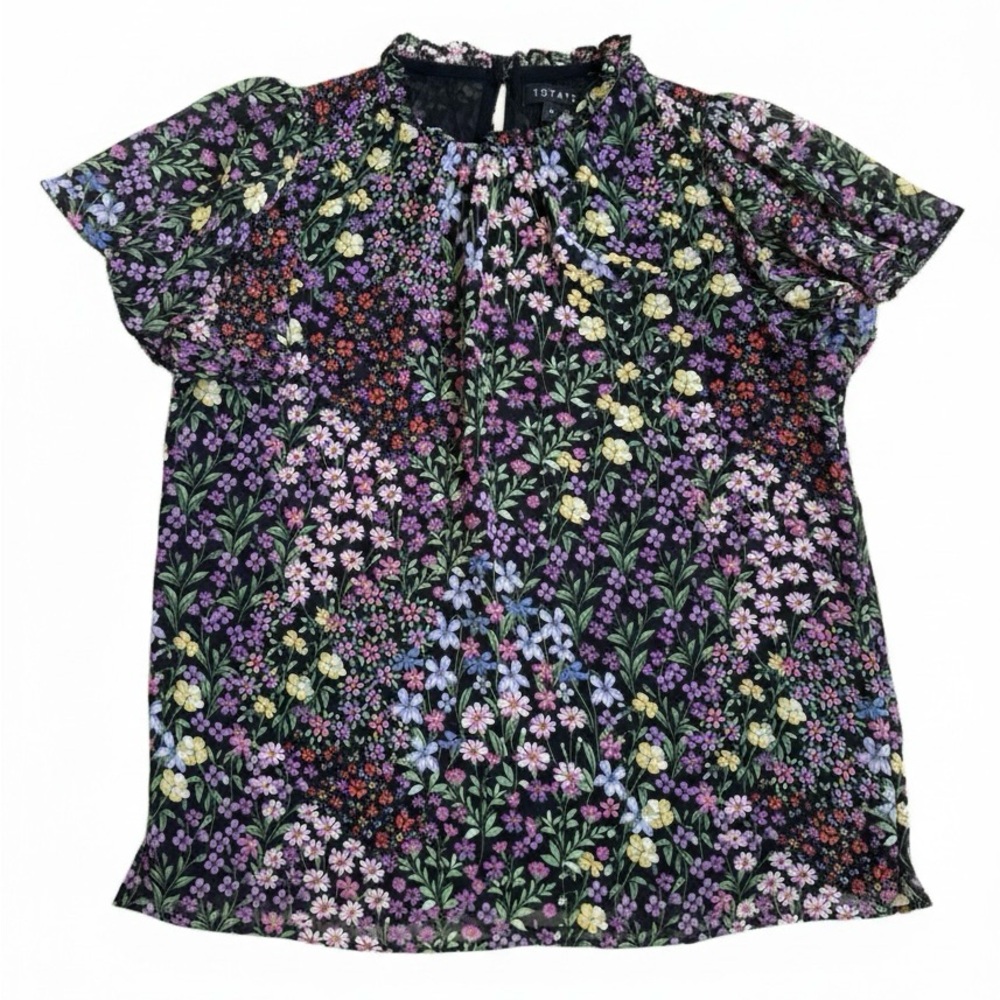 STATE Women's Small Floral Ruffle Mock Neck Short Sleeve Blouse Black Multi